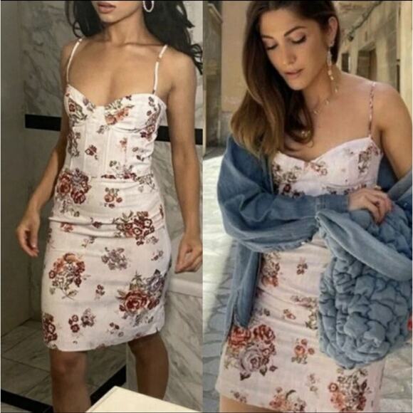 Brock Collection x H&M Powder Pink Corset Dress sz. M Twee Linen Blend Floral - Picture 4 of 8